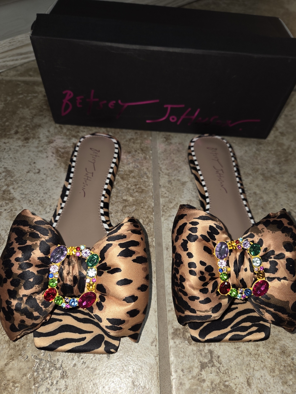 Betsey Johnson Leopard Print Bow Slide Sandals with Jewel Buckle Daisyy